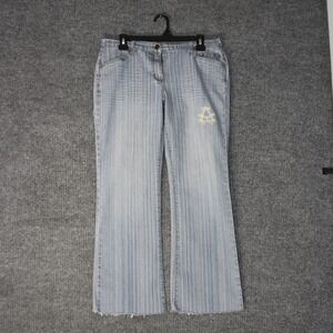 Vintage Akademiks Pinstripe Jeans Womens Jr 13/14 Blue Y2K Streetwear Raw Hem